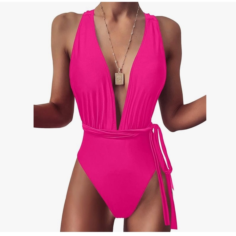 Sexy Pink Tie Criss Cross Plunge One Piece Thong High Cut Brazilian Bathing Suit